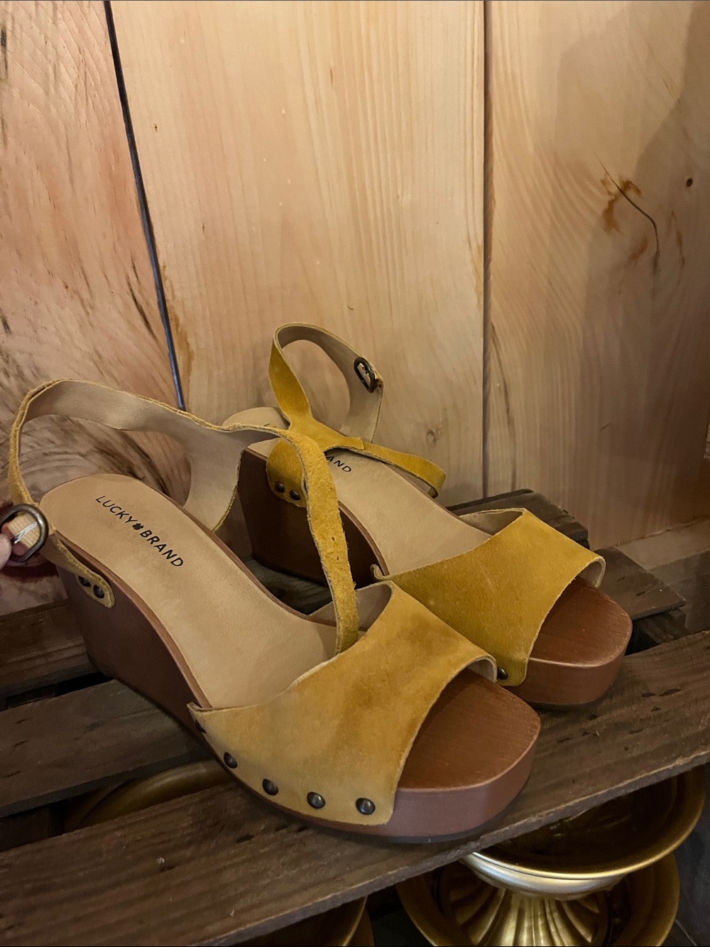 Lucky Brand Mustard Suede Platform Sandals